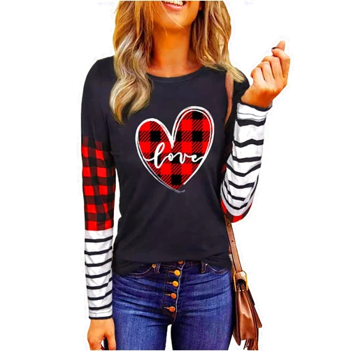 LYEIAO Valentine's Day Tshirt Women Buffalo Plaid Love Heart Graphic Tees Letter Print Splicing Long Sleeve Tops Shirts