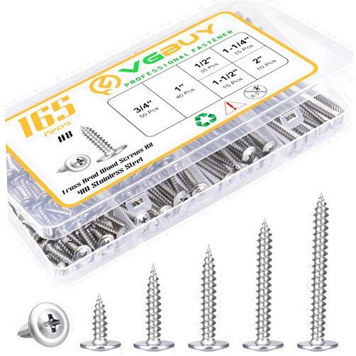 VGBUY 165Pcs #8 Modified Truss Head Wood Screws Assortment Kit, Stainless Steel 410 Quick Metal Self Tapping Screws, 6 Sizes (1/2