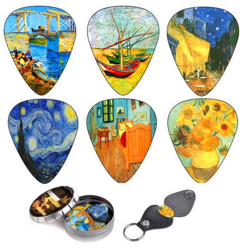 Art Tribute Vincent Van Gogh Guitar Picks Complete Gift Set For Guitarist - Christmas Gift & Stocking Stuffer Idea for Guitar Players Includes Celluloid Medium 12 Pack in A Tin Box + Picks Holder
