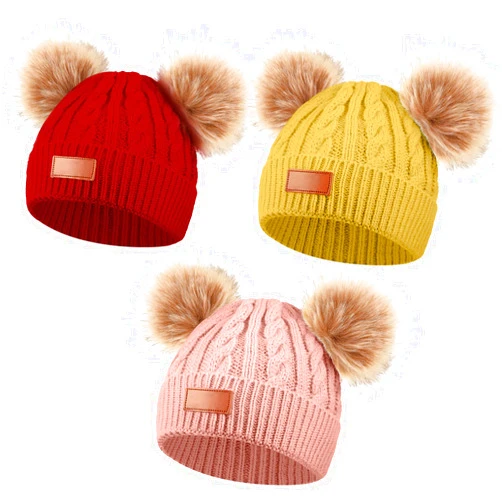 Geyoga Kids Winter Pompom Hat Knitted Ski Beanie Hat Double Pom Beanie Cap for Girls Boys, for 1-3 Years Old