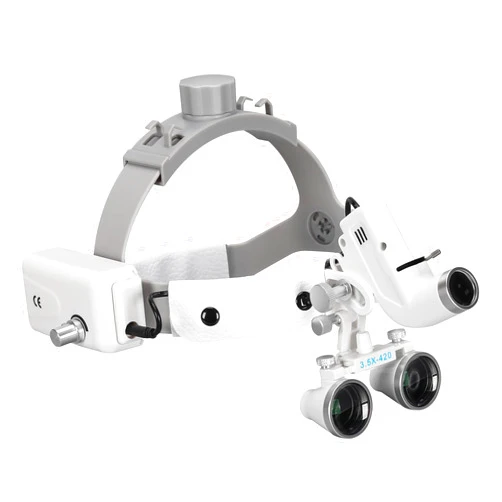BUIFAC Binocular Headband Loupes with Light 3.5X Magnifying Optical Glasses, Adjustable Silver Helmet, 5W LED Head Light Lamp, 420 mm Working Distance