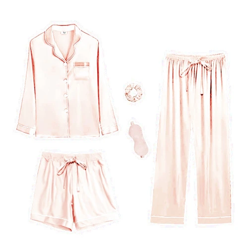 WJing Yi Jia 5Pcs XS-XXL Womens Silk Satin Pajamas Sets Long Pj Sets Button Down Pjs Set Loungewear Sleepwear