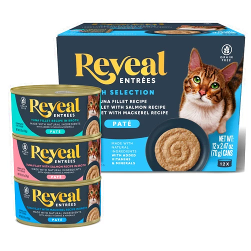 Reveal Entrées Natural Wet Cat Food Paté, Grain-Free with Added Vitamins & Minerals, Carrageenan-Free Fish Variety Selection Paté (12 x 2.47 oz Cans)