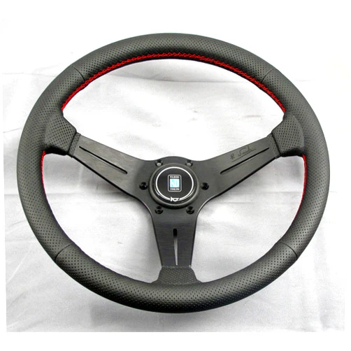 Nardi Steering Wheel - Deep Corn - 350mm (13.78 inches) - Black Perforated Leather with Red Cross-Stitching - Black Spokes - Type A Horn Button - Part # 6069.35.2093A