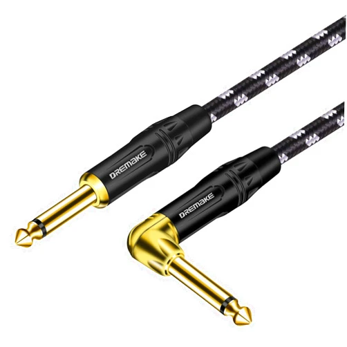 DREMAKE Straight to Right Angel Patch Cable, Black/White Tweed Quarter Inch Cable 1/4