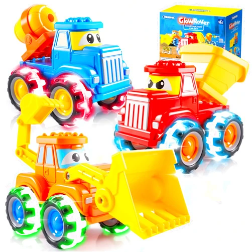 Vroomix JOVA GlowRover 3 Pack Monster Truck Toys, City Construction Cars with Flashing LED Light Up Wheels, Friction Powered Cars for Toddlers Boys Girls 2 3 4 5 6 7 Years Old Birthday Gifts