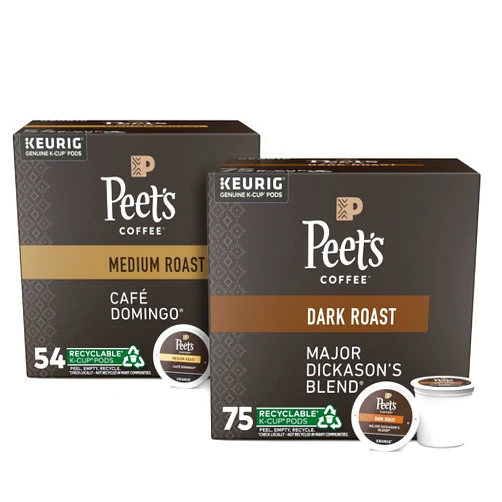 Peet's Coffee Major Dickason's Blend, Dark Roast, 75 Count Single Serve K-Cup Coffee Pods, Black & Café Domingo, Medium Roast, 54 Count Single Serve K-Cup Coffee Pods
