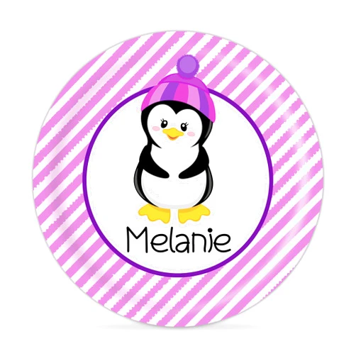 Handmade Penguin Plate -Pink Stripes Arctic Animal Melamine Personalized Name Gift