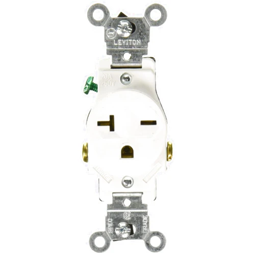 Leviton Single Receptacle Outlet Commercial Specification Grade Smooth Face 20 Amp 250 Volt, Side Wire NEMA 6-20R 2-Pole 3-Wire, White, 5821-W