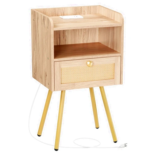 HOOBRO Nightstand with Charging Station, Side Table with Rattan-Like Decor Drawer, Rattan End Table with Open Storage, Bedside Table for Bedroom, Study Room, White Oak DO92UBZ01