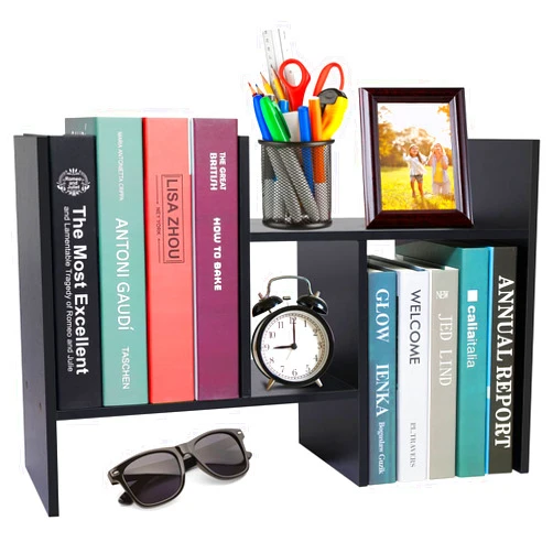 Hossejoy Desktop Organizer Office Storage Rack Adjustable Wood Desk Organizer Display Shelf, Countertop Bookcase Desktop Bookshelf- Free Style Double H Display, Black