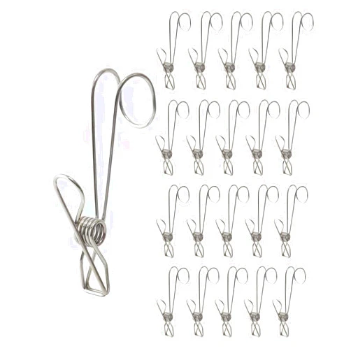 BYROYIO 20 Clips Pack Stainless Steel Clothespins with Hooks Metal Spring Universal Long Hanging Clip for Offices Kitchens Bathroom