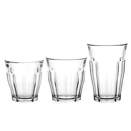 Duralex Made In France Picardie 18-Piece Glass Tumbler Drinking Set, Clear. Set includes; (6 Units) 8-3/8 oz Tumblers; (6 Units) 10-3/8 oz Tumblers; (6 Units) 12-1/8 Tumblers