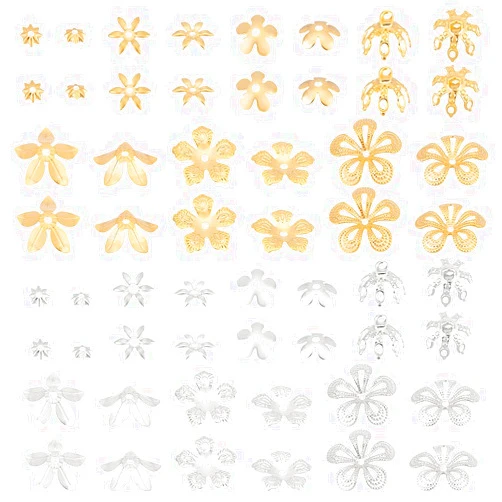 PH PandaHall 56pcs 7 Styles Metal Hollow Flower Bead Caps, 5-15mm Floral Bead Spacer Flower Holder Beads Filigree Bead Caps for Jewelry Necklace Making DIY Crafts Supplies