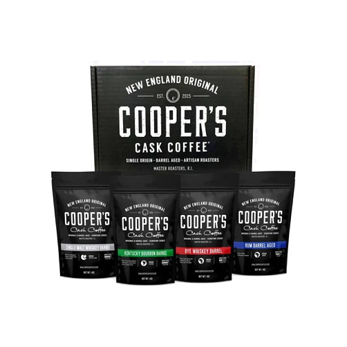 Cooper's Cask Coffee Bourbon & Whiskey Barrel Aged Coffee - 4-Bag Roasted Coffee Beans Set - Single Origin Bourbon Colombian, Malt Whiskey Sumatra, Rye Whiskey Ethiopian, Rum Barrel Rwanda, (Ground, 4 Ounce (Pack of 4))