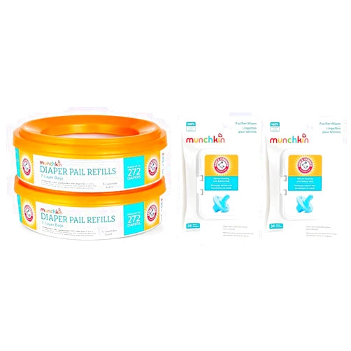 Munchkin® Arm & Hammer Diaper Pail Refill Rings, 544 Count, 2 Pack (272 Count Each) & Pacifier Wipes, 2 Pack, 72 Wipes