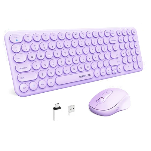 XTREMTEC Slim Wireless Keyboard and Mouse Combo, 2.4G USB Quiet Low-Profile Retro Round Typewriter Computer Keyboard and Ergonomic Mouse Set for Windows Laptop/PC/iMac/Computer, Plug-and-Play (Purple)