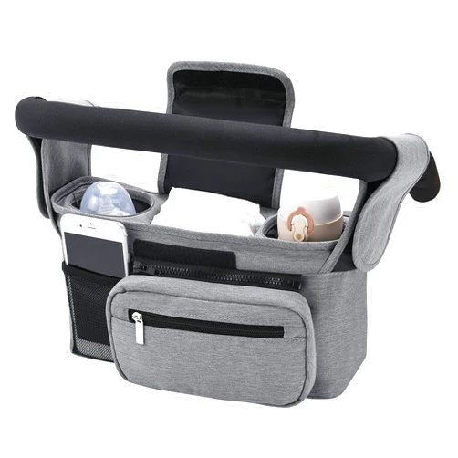 Momcozy Universal Stroller Organizer with Insulated Cup Holder by Momcozy - Detachable Phone Bag & Shoulder Strap, Fits for Stroller like Uppababy, Baby Jogger, Britax, Bugaboo, BOB, Umbrella and Pet Stroller Grey