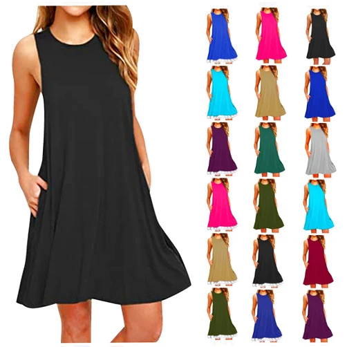 Hoksml Womens Summer Dresses Fashion Sleeveless Tshirt Tank Dresses 2024 Casual Slim Beach Sundress for Vacation with Pocket