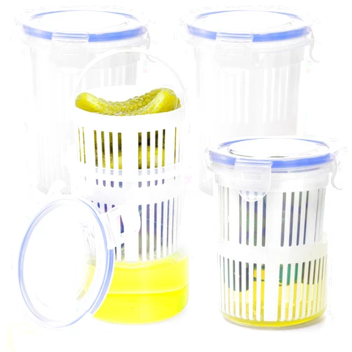 Yesland 4 Pack Pickle Container with Strainer, 24 oz Plastic Pickle Jar Holder Keeper Lifter, Clear Leak-proof Pickle Juice Separator with Lock It Lid for Sweet Gherkins, Olives