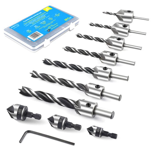 amoolo 10-Pack Countersink Drill Bit Set with 1 Free Hex Key Wrench, 7 Pcs Countersink Drill Bits for Wood, 3 Pcs Hex Shank Wood Countersink Bits (1/2