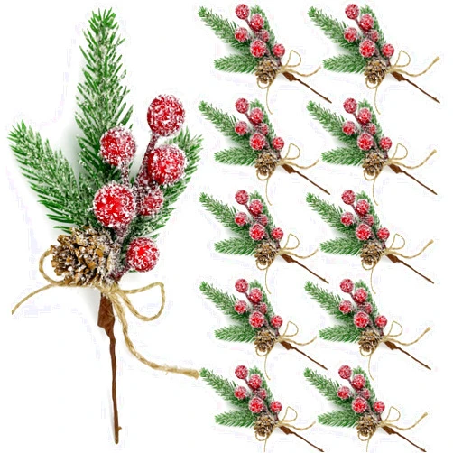 BleSky Red Berry Stems Floral Pine Branches Christmas Artificial Pine Cones Branch Evergreen Christmas Berries Décor 10PCS Holiday Floral Picks Holly Stem for Xmas Wreath DIY Garland Crafts Decoration
