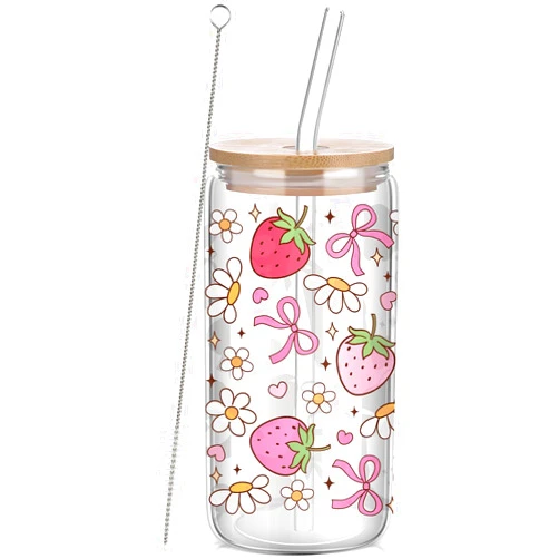 Yetene Strawberry Glass Cup with Lid and Straw 16oz Coquette Bow Aesthetic Cup Strawberry Gifts for Women Girls Friend Sister Girlfriend
