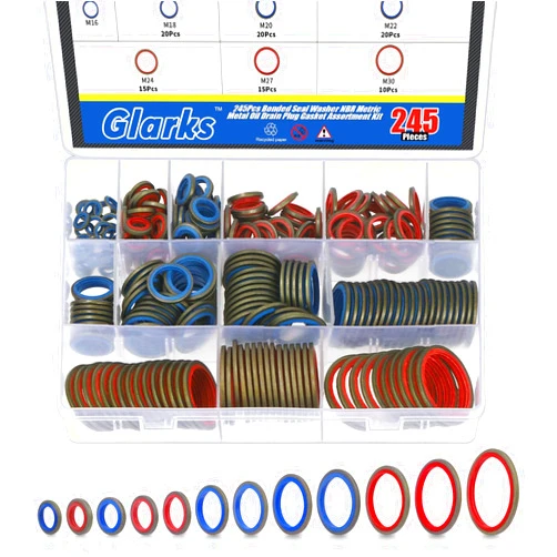 Glarks 245Pcs Sealing Gasket Kit NBR Metric Metal Oil Drain Plug Gasket Assortment Kit Bonded Seal Washer Combination Oil Sealing O-Ring Fit 12 Sizes M6 M8 M10 M12 M14 M16 M18 M20 M22 M24 M27 M30