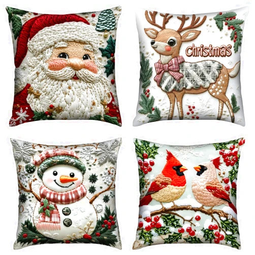 QQKO Christmas Pillow Covers 18x18 Inch, Throw Pillow Covers for Christmas Decorations, Set of 4 Santa Claus Snowman Reindeer Red Cardinal Winter Pillow Covers for Couch Bedroom Living Room