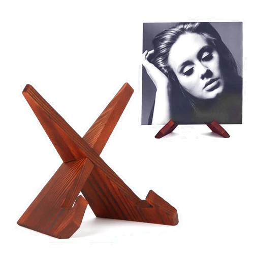PUERSI Now Playing Vinyl Record Stand, Wooden Display Vinyl Holder Stand, Retro Now Spinning Record Accessories - Rustic Brown