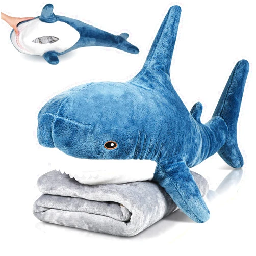 HyDren Shark Plush Toys Shark Stuffed 2 in 1 Animal with Blanket 32 Inch Giant Big Large Stuffed Pillow Blanket Doll for Boys Girls Room(Dark Blue)