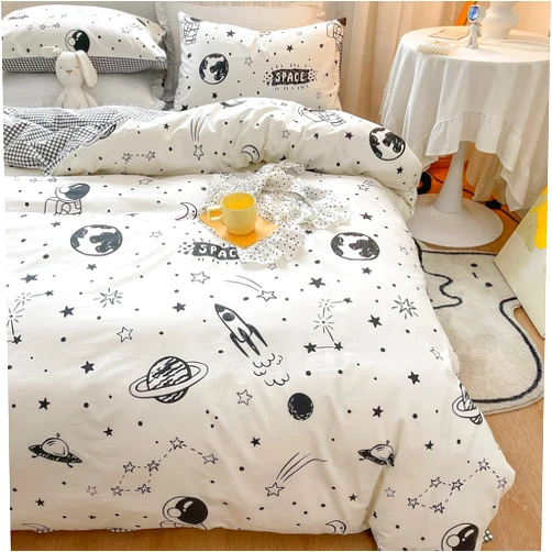 LIWHENHAO Space Duvet Cover Set 100% Cotton Twin Cartoon Rocket Astronaut Universe Planet Constellation Bedding 1 Black and White Comforter Cover 2 Pillowcases for Kids Girls Boys Teens