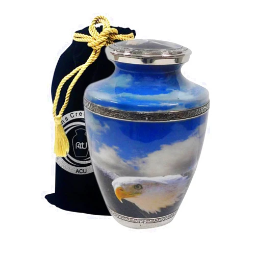 Artizans Cremation Urns-Brass Cremation Urn for Adult Ashes-Bald Eagle Flying(Tasty, Silver, Large)