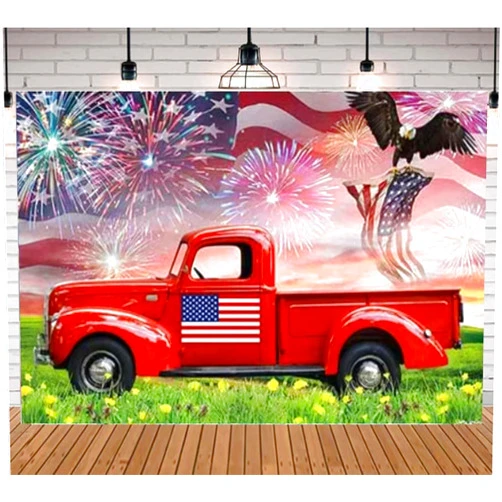 JINSHUN-US American Flag July 4th Independence Day Photography Background Red Truck Green Garden Patriotic Party Newborn Baby Portrait Photography Banner Booth Studio 5×3 Feet