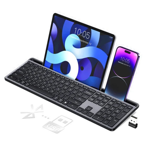 VEILZOR Wireless Keyboard,Multi-Device 2.4G/Bluetooth Keyboard Ultra-Slim Full Size Computer Keyboard With Numeric Pad,iPad Keyboard With Tablet Holder,Quiet USB Keyboard for iPad,iPhone,Laptop,PC,Mac