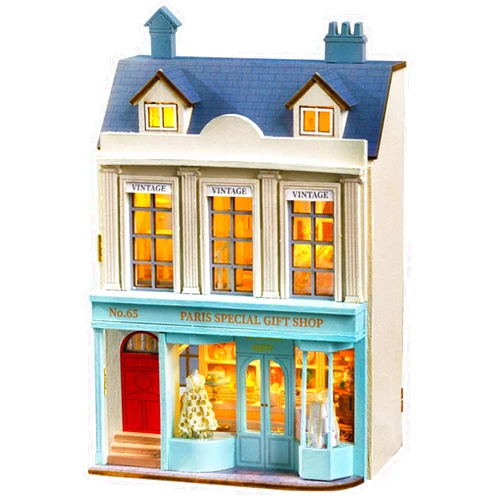 Roroom DIY Miniature and Furniture Dollhouse Kit,Mini 3D Wooden Doll House Craft Model with LED,Creative Room Idea for Valentine's Day Birthday Gift Shop-D065