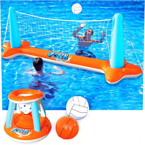 JOYIN Inflatable Pool Float Set Volleyball Net & Basketball Hoops, Floating Swimming Game Toy for Kids and Adults, Summer Floaties, Volleyball Court (105”x28”x38”)|Basketball (27.6”x23”),L-Orange