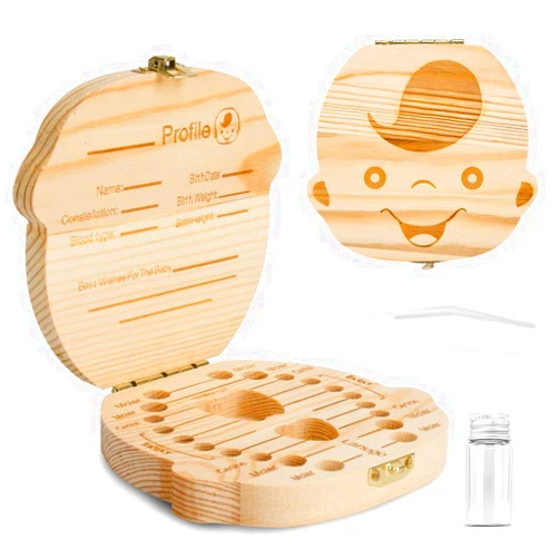 PITAYA Baby Tooth Box ,Wooden Kids Keepsake Organizer for Baby Teeth, Cute Children Tooth Container with Tweezers and lanugo Bottle to Keep the Childhood Memory (Boy)