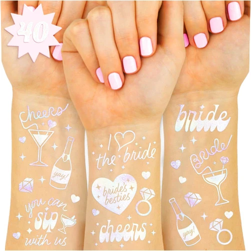 xo, Fetti Cheers Bachelorette Temporary Tattoos - 40 Iridescent Styles | Bachelorette Party Decoration, Bridesmaid Favor + Bride To Be