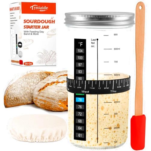 Tyniaide 35oz/1000ml Sourdough Starter Kit – Extra Thermometer Strips and Breathable Covers Included in Sourdough Starter Jar – A Perfect Sourdough Bread Starter Kit for Beginners to Expert