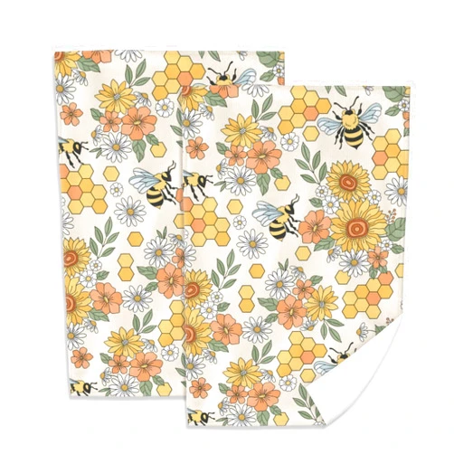 SUSIOY 2 Pcs Retro 70s 60s Groovy Hippie Flower Bee Hand Towels Absorbent Soft Bath Towels for Kitchen Bathroom Hotel Gym Spa 18