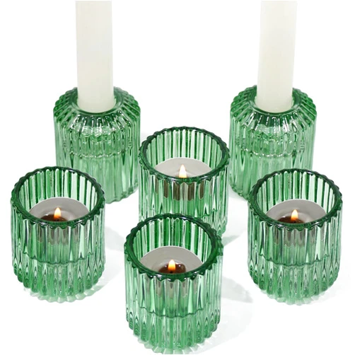 Vixdonos Ribbed Glass Taper Candlestick Holders Set of 6 Tealight Votive Candle Holder Bulk for Table Centerpieces,Party, Wedding and Home Decor (Dark Green, 6 Pcs)