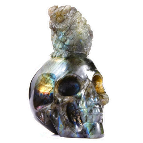 Artistone Labradorite Owl on Crystal Skull Halloween Decorations Healing Stone 3.6Inch Hand Carved Gemstone Skulls Statue Figurines for Home Office Decor Christmas