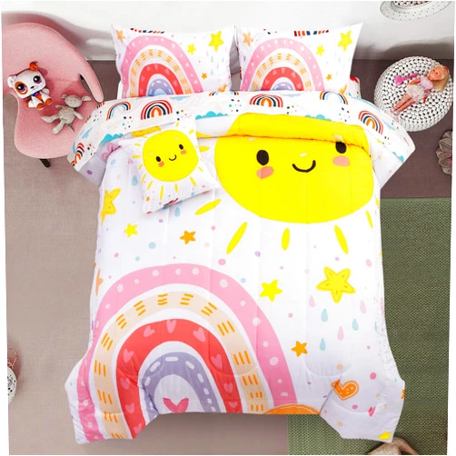 A Nice Night Bedding 6 Pcs Cartoon Rainbow Bedding Set with Smile Sun Printed for Boys Girls Bed Comforter Sets (White, Twin)