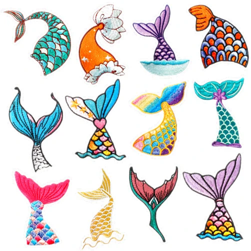 MUMAYA Cloth Sticker Mermaid Tail Embroidery Sticker Patches Fish Shell Starfish Conch Embroidered Appliques Marine Organism Patch Sticker Badge Crafts Home Decor (style 1 (12pcs, self adhesive))