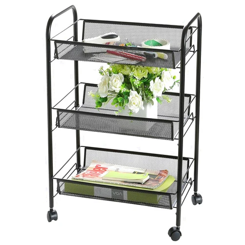 INWALK 3-Tier Basket Stand Trolley Metal Mesh Rolling Cart, Kitchen Utility Cart Trolley Storage Cart with Lockable Wheels with 4 Side Hooks for Home Kitchen Office Bathroom