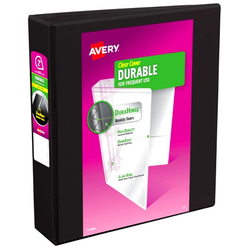 Avery Durable View 3 Ring Binder, 2 Inch Slant Rings, 530-Sheet Capacity, DuraHinge, 2.8 Inch Wide Spine, Customizable Clear Cover and Spine, 1 Black Binder (17031)
