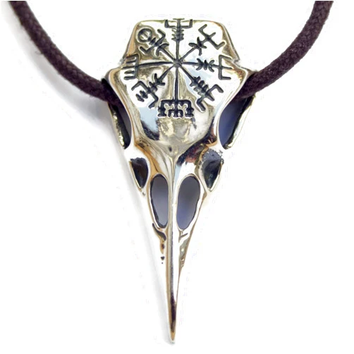 Mia Silver Studio Viking Raven Skull Necklace with Compass Vegvisir - Bird Crow Head Pendant Nordic Norse Amulet Talisman - Gothic Halloween Wiccan Jewelry Gifts for Men Women - Handmade Accessories