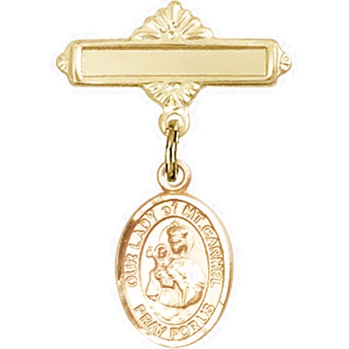 Bonyak Jewelry Saint Medal Collection Gold Filled Baby Badge with Our Lady of Mount Carmel Charm and Polished Badge Pin 1 X 5/8 inches