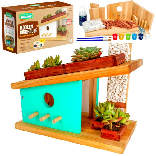 SparkJump Modern Birdhouse Woodworking Kit – Complete DIY Birdhouse Kits for Kids and Adults – Build Your Own Bird House Kit for Kids - Woodworking Adult Crafts & Kids Woodworking Kit